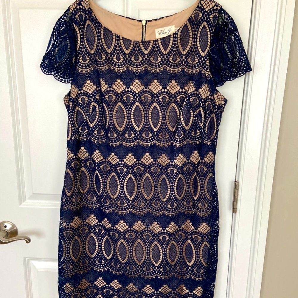 Eliza J. Navy Lace Overlay Sheath Cocktail Dress [12]